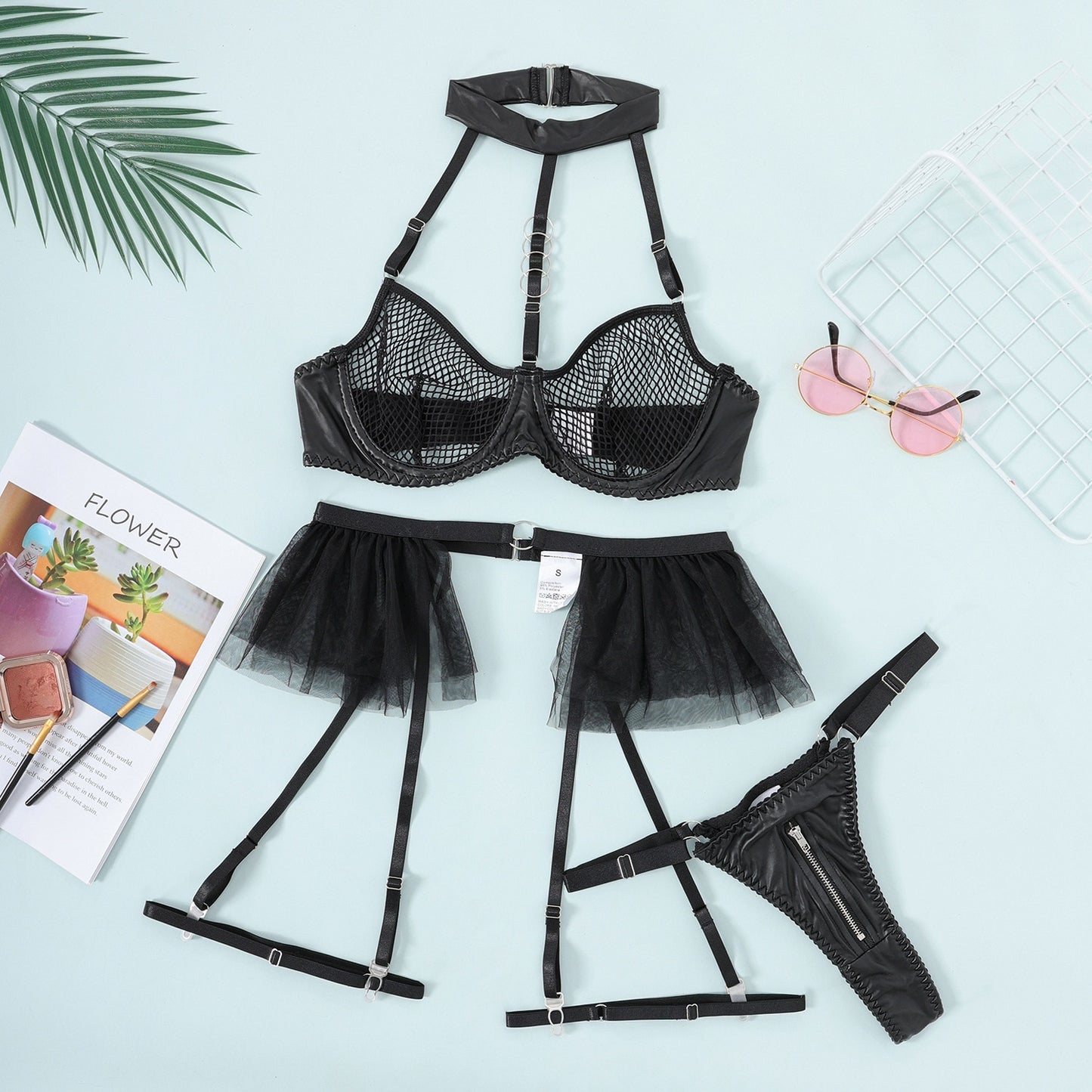 Fischnetz-Dessous, Neckholder-BH, gerüschtes Strumpfband, PVC-Unterwäsche, transparente, sinnliche Sissy-Outfits ohne Schritt