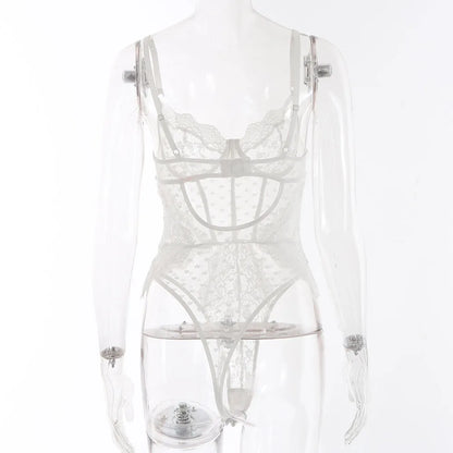 Nuevo Body transparente o de encaje con tirantes y Espalda descubierta, monos ajustados calados, ropa de dormir Sexy de malla transparente a la moda Wanita