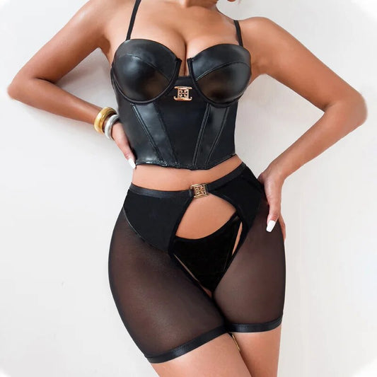 Lencería de cuero de látex, conjunto Sexy de sujetador negro con efecto mojado, traje sexual de fantasía con realce, conjunto de liguero de goma, productos íntimos