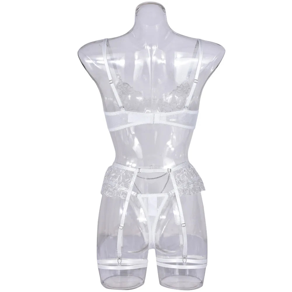 Ropa interior Sexy con volantes para mujer, lencería elegante, conjunto de sujetador fino y bragas, traje de hada transparente de encaje íntimo blanco