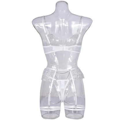 Rüschen Sexy Damenunterwäsche Ausgefallene Dessous Feiner BH und Höschenset Weiße intime Spitze Transparentes Feen-Outfit