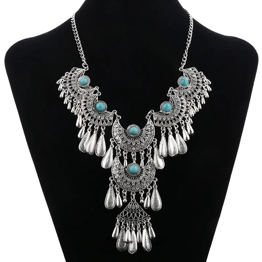 Vintage Ethnic Exaggerated Statement Necklaces Antique Silver Color Carved Water Drop Tassel Necklaces For Women Boho Jewelry