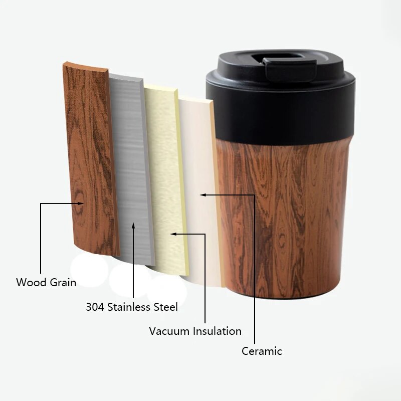 Portable Wood Grain Coffee Mug with Lids Vacuum Insulated Tumbler Thermos Cup for Keep Coffee Tea Hot Cold Inner Ceramic Coating