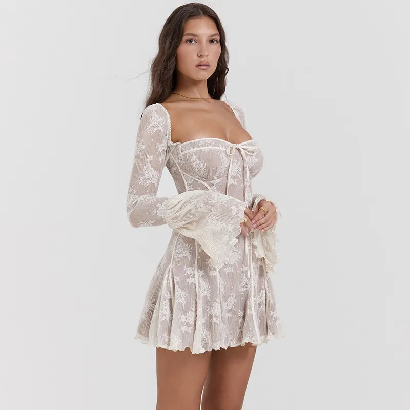 Minivestido de Encaje Vintage de manga larga, ajustado y acampanado, vestido de fiesta de cumpleaños para mujer, vestidos cortos elegantes de corte a con espalda descubierta para otoño e invierno