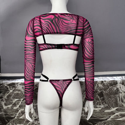 Zebra Lingerie For Full Crop Top Tight Outfit Transparent Sheer Lace Seamless Intimate G-String Briefs Sets