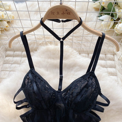 Women Sensual Hollow Out Playsuits Female Halter Strap Transparent Thin Slim Jumpsuits 2023 Mesh Lace Sexy Bodysuits Wanita