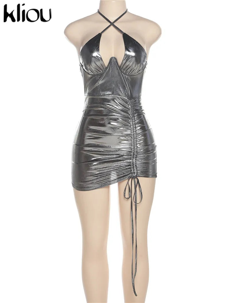 Kliou Sexy Dekolleté, glänzendes Neckholder-Minikleid für Damen, Party, Club, Kordelzug, ärmellos, dünne Robe, rückenfrei, Damenbekleidung