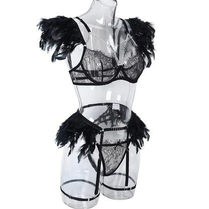 Ropa interior transparente para mujer, decoración de plumas de lujo, lencería con cadena de Metal, traje de Tanga, ropa Punk Sexy