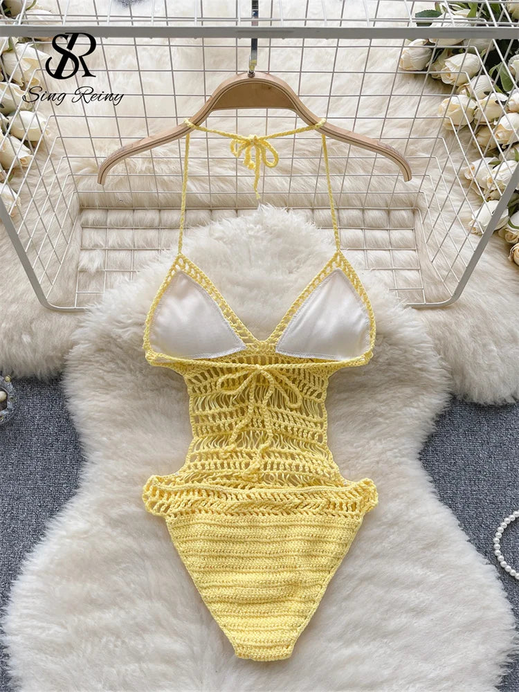 Wanita, aushöhlen, rückenfrei, sexy Bodys, modisch, Damen-Halter, Strand, gestrickt, Top, 2023, schiere Schnürung, Urlaub, schlanke Playsuits