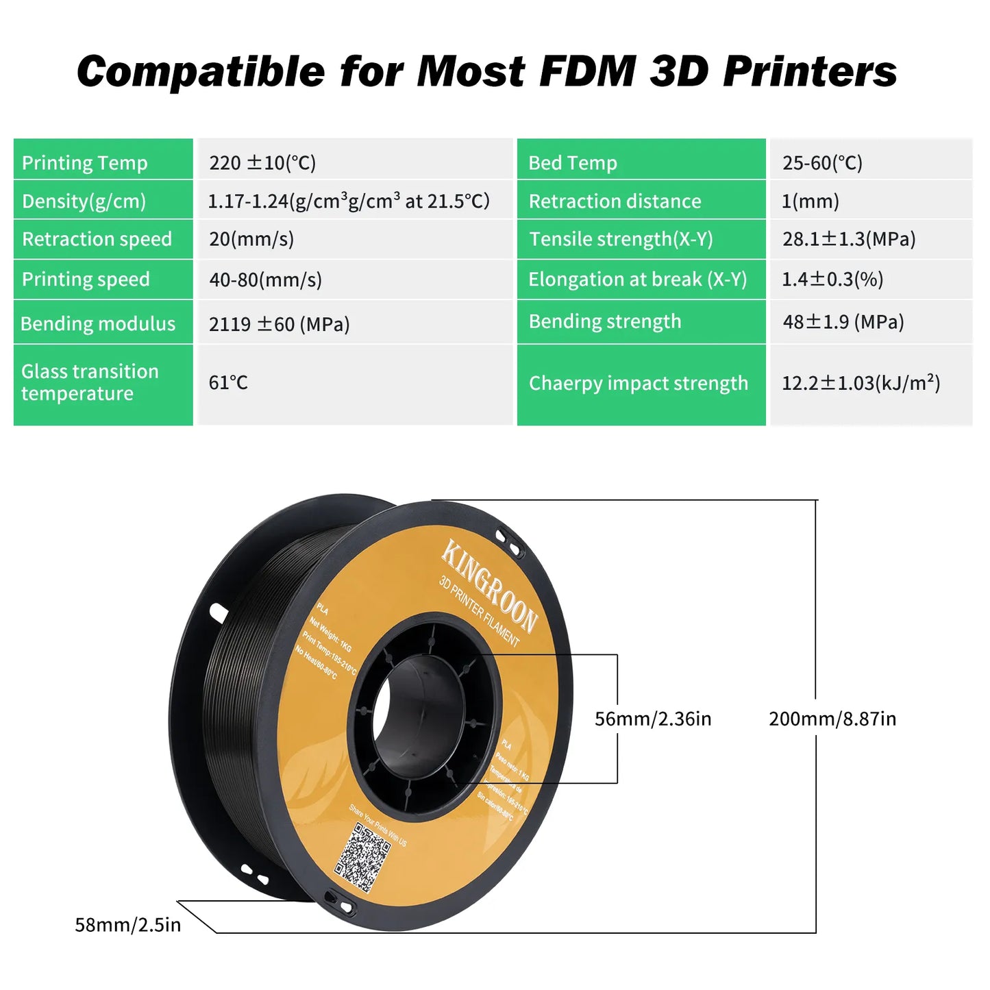 KINGROON PLA 1KG Filament 1,75mm 3D Drucker Filament 3D Druck Kunststoff Material Keine Blase 1KG 2,2LBS Für 3D Drucker 3D Stift