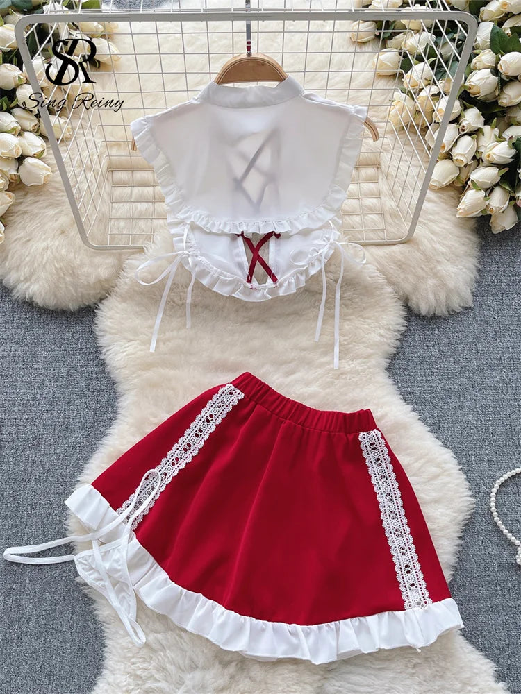 Maidservant Cosplay   Suits Female Hollow Out Drawstring Top+Mini Lace Skirt+Thongs Sweet Sexy Night Sets Wanita