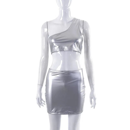 Bright Silver Sexy 2 Pieces Set Women 2023 New Solid Color One Shoulder Sleeveless Crop Top and Short Skirt Suit for Summer