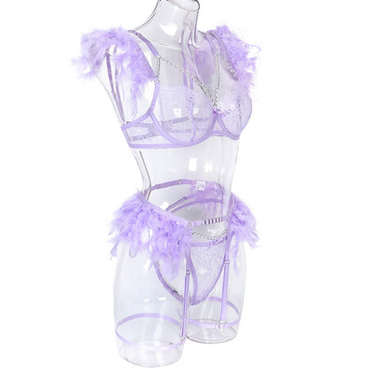 Lencería de plumas, ropa interior Sexy para mujer, sujetador transparente, cadena de Metal, encaje, conjunto de 3 piezas, íntimo de lujo