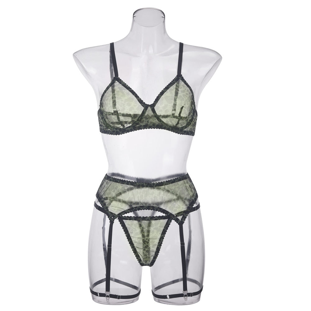 Neon-Leoparden-Dessous, 5-teilige Spitzenunterwäsche, nahtlos, sexy, sinnlich, transparent, Strumpfhalter-Sets