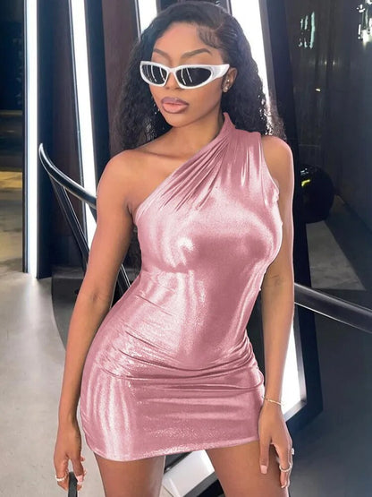 One Shoulder Metallic Mini Dress Night Club Black Bodycon Dress Sleeveless Tight Short Summer Dress Women 2023 Trendy