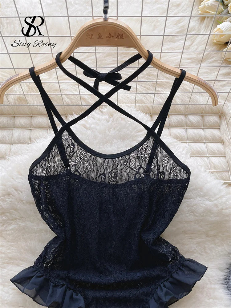 Ruffles Sweet  Sheer Playsuits Halter Sleeveless Backless Slim Nightwear 2023 Ladies Strap Lace Sexy Bodysuits  Wanita