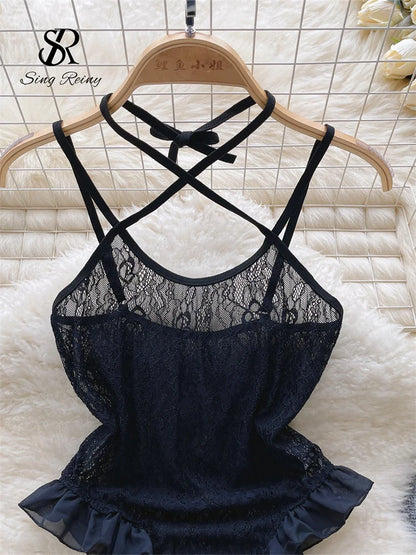 Rüschen Süße durchsichtige Playsuits Neckholder ärmellose rückenfreie schlanke Nachtwäsche 2023 Damen Strap Lace Sexy Bodys Wanita