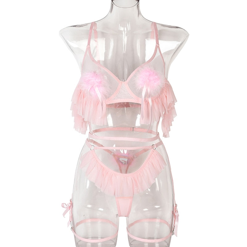 Sexy Feather Lingerie Light Pink Ruffle Hollow Thongs Sissy  Outfits Seamless Set Woman 3 Pieces Fairy Intimate