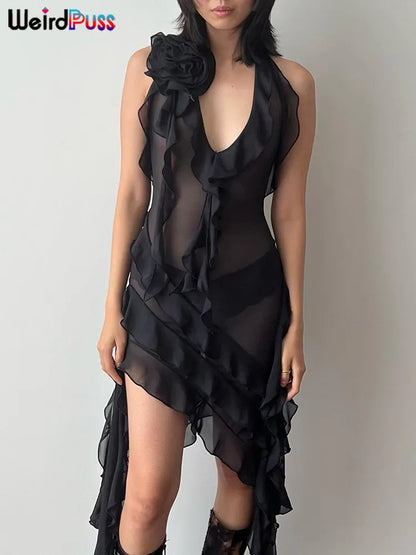 Weird Puss-vestido de fiesta con borlas para mujer, escote en V profundo, sin mangas, volantes, ajustado, transparente, elástico Irregular, ceñido al cuerpo, verano 2023