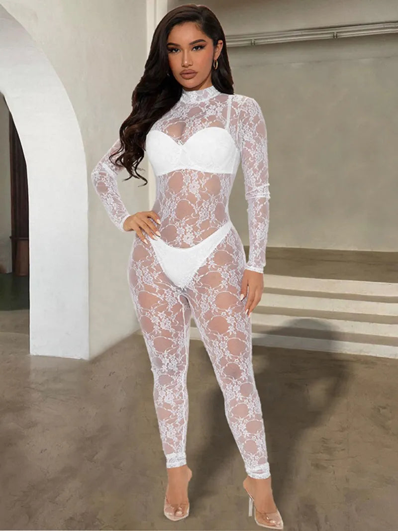 Neue Mode Sexy Durchsichtige Weiße Spitze Mesh Overalls Frauen 2023 Herbst Winter Lange Hülse Durchsichtige Body Nacht Club Outfit