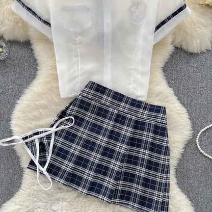 Preppy Style Sheer Sexy Suits Women  Top+Plaid Mini Skirt+Thongs Fashion Korean Cosplay  Three Pieces Sets Wanita