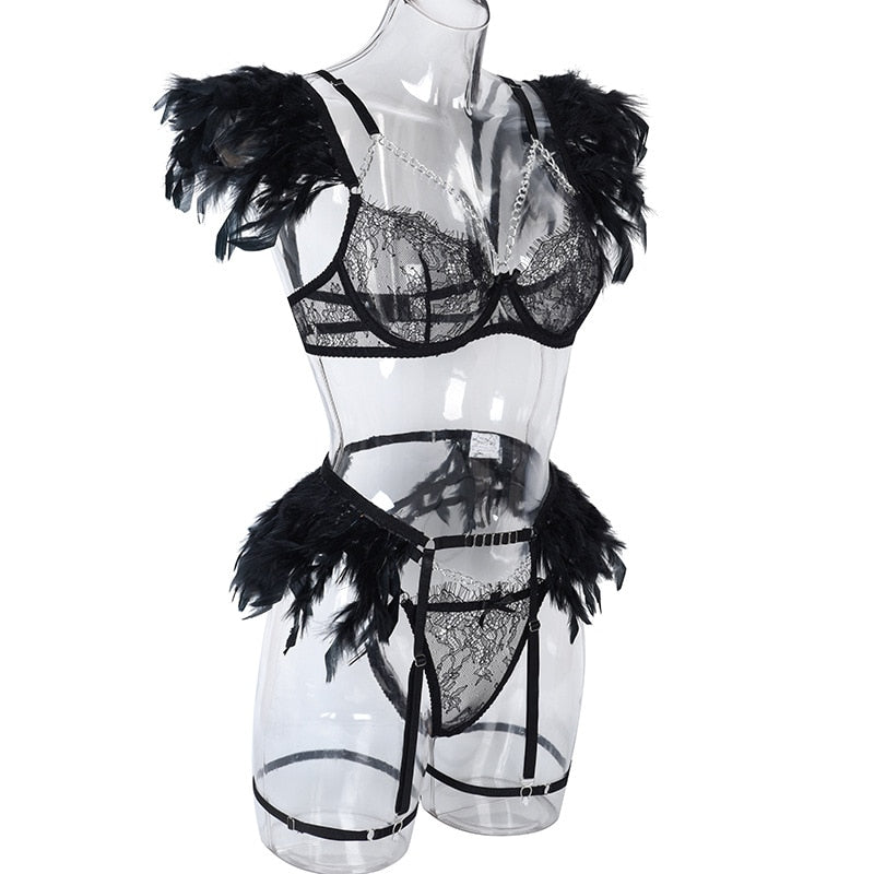 Lencería de plumas, ropa interior Sexy para mujer, sujetador transparente, cadena de Metal, encaje, conjunto de 3 piezas, íntimo de lujo