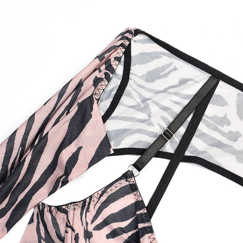 Zebra-Dessous für volles Crop-Top, enges Outfit, transparente transparente Spitze, nahtlose Intim-String-Slip-Sets