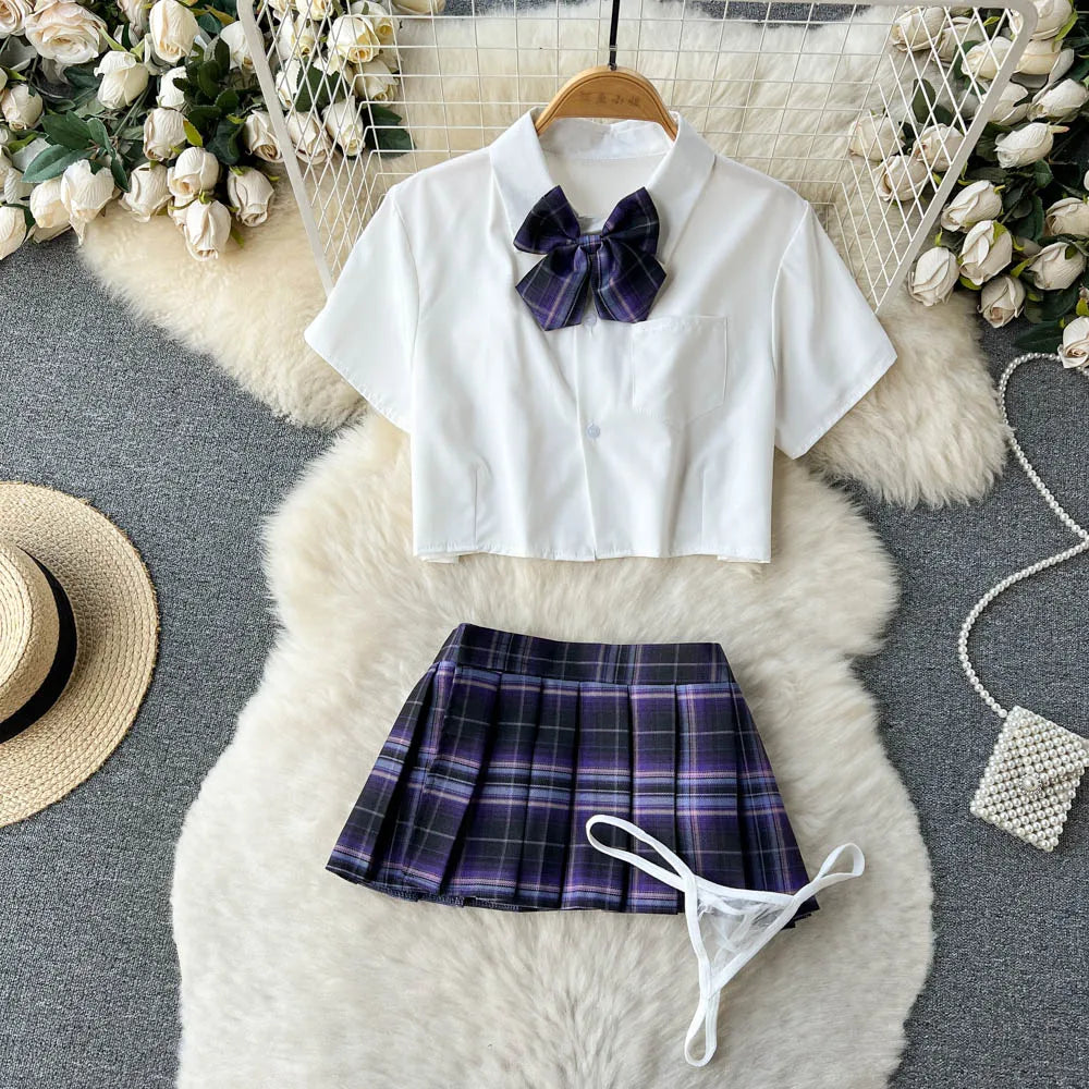 Cosplay   Outfit Women Lapel Neck Short Shirt+Plaid Mini Skirt+Thongs  2023 Preppy Style Sexy Nightwear Wanita