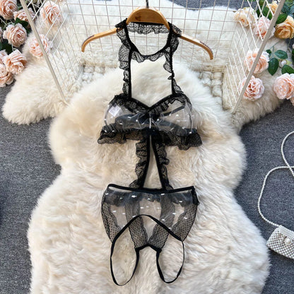 2023 Lace Sheer Sexy Bodysuits Women Halter Polka Dot Open Crotch Slim Jumpsuit New Transparent  o Nightwear Wanita