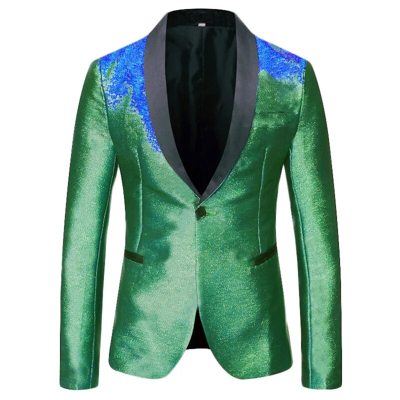 Herren-Blazer, glänzend, modisch, mit Farbverlauf, One-Button-Schal, Revers, eleganter Anzug, Jacke, Herren, lässig, Party, Abschlussball, Hochzeit, Bankett, Smoking