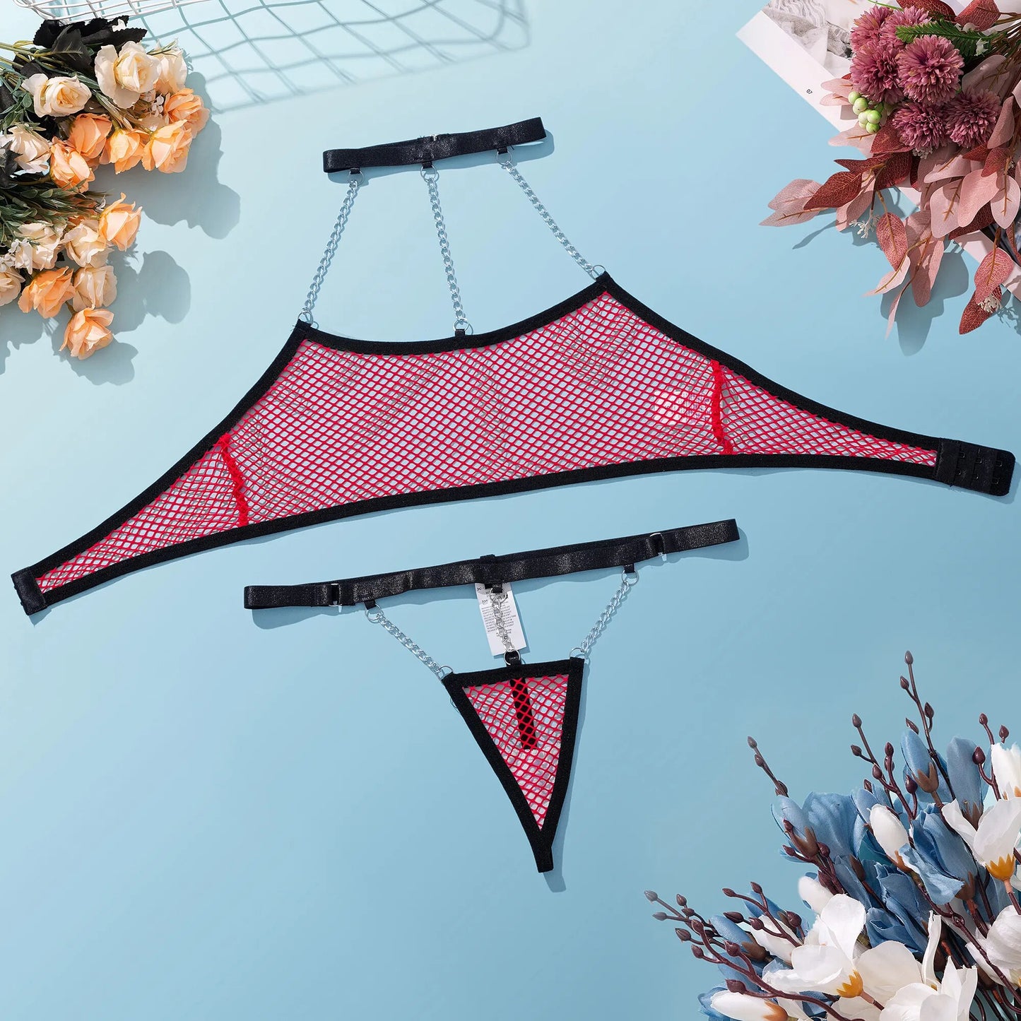 Fischernetz Dessous mit Kette Sexy Unterwäsche Frauen Körper Nackt Intim Sissy Durchsichtige Outfits