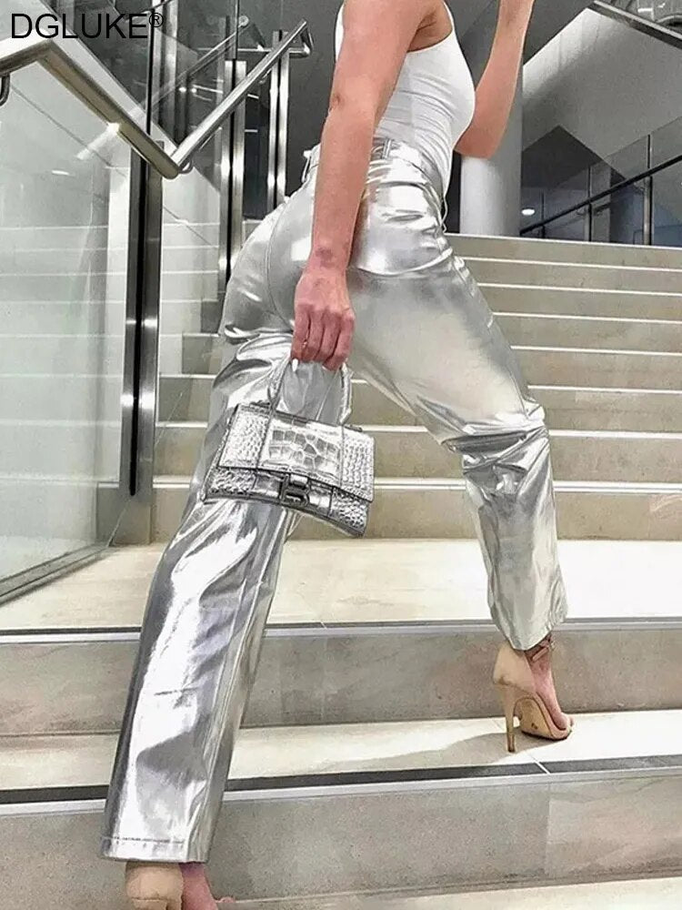 Silver Metalic Faux Leather Pants Women 2023 High Waist Long Winter Pants Hip Hop Streetwear Y2K Pants Night Club Wear