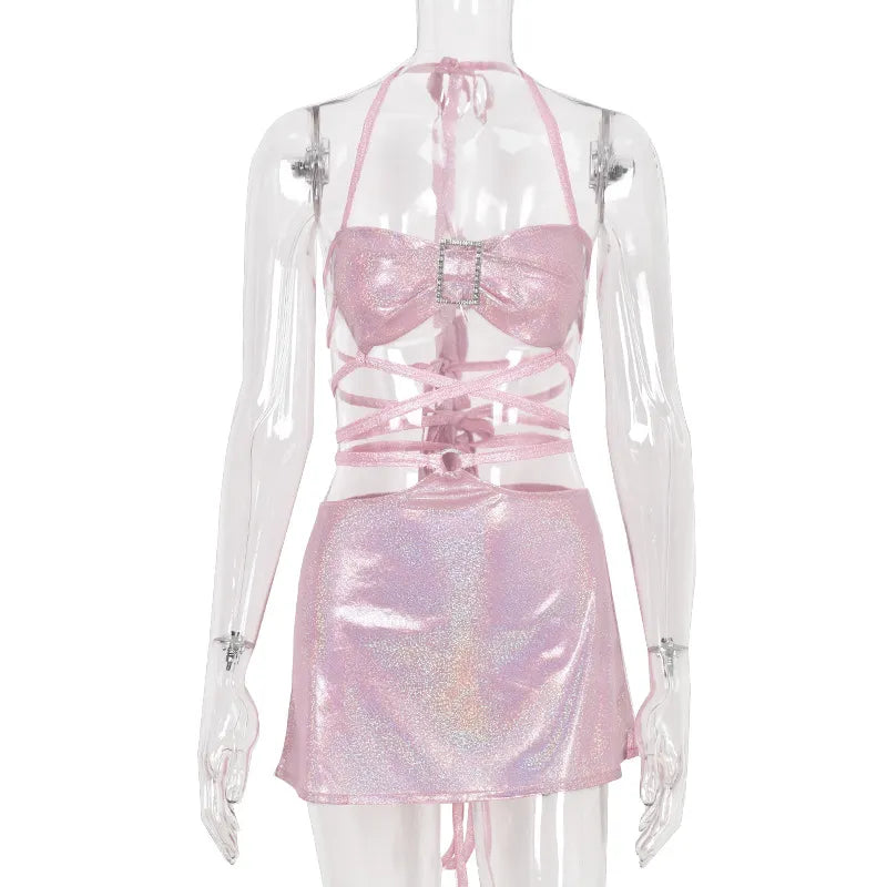 Conjunto de faldas de 2 piezas con espalda descubierta y mariposa rosa brillante para mujer, trajes sexys Cross Rave, traje de falda Y2k