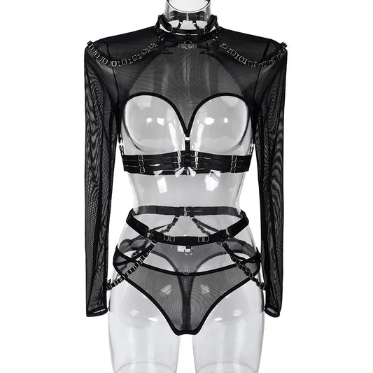 Conjunto de lencería sexy gótica para mujer, trajes transparentes de malla de manga larga de 4 piezas, conjunto de traje con sujetador calado