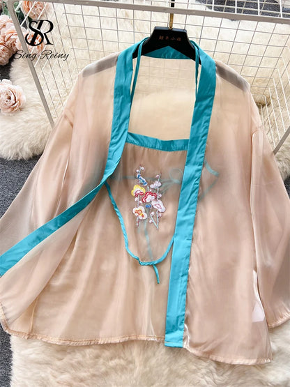 Vintage Stickerei Sexy Nacht Anzüge Weibliche Lose Blumen Camis + Mini Rock + Tangas Chinesischen Stil Cosplay Sheer Nachtwäsche Wanita