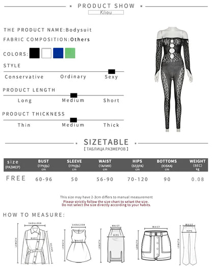 Kliou Sexy Hollow Out See Through Jumpsuits Women Solid Seductive Midnight Off Shoulder Long Sleeve Body-Shaping Clubwear Outfit