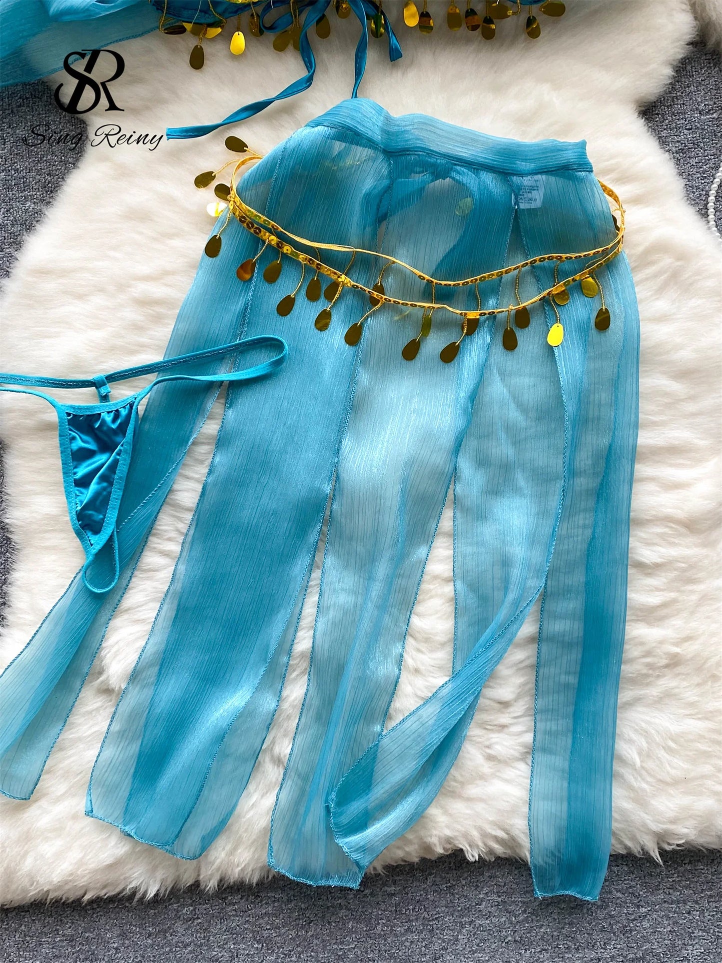 Charm Cosplay Sexy Suits 2023 Women Headdress+Strapless Top+Midi Skirt+Thongs   Outfit Mesh Nightwear Wanita