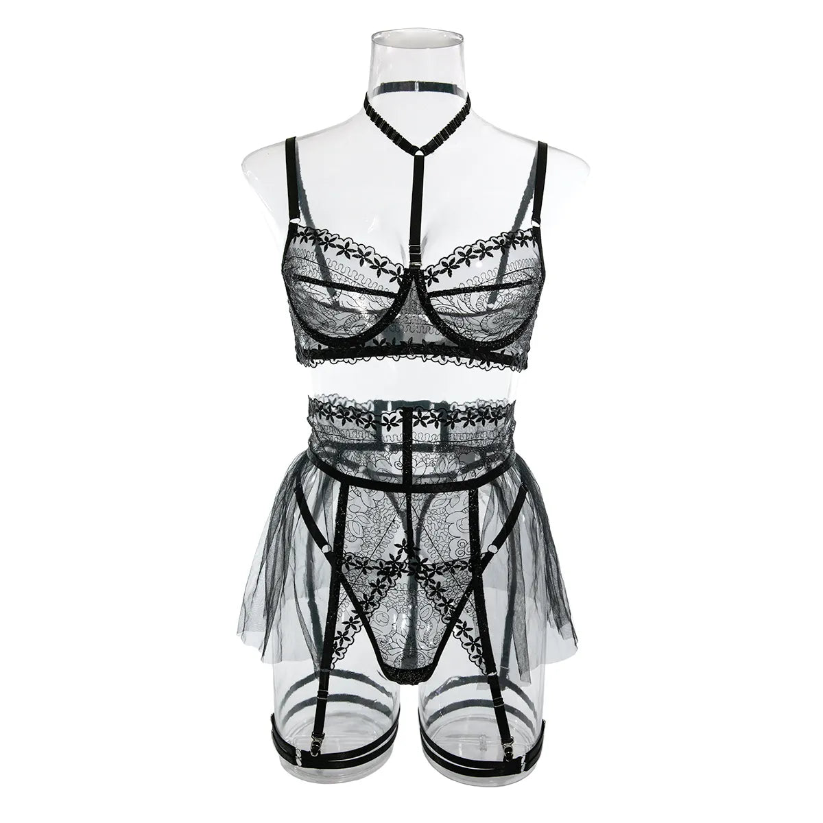 Rüschen Sexy Dessous-Sets für Frauen Spitze Patchwork Fancy Unterwäsche BH Tanga Strumpfband Outfit Transparent Luxus Intim