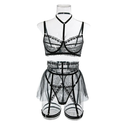 Ruffle Sexy Lingerie sets for Women Lace Patchwork Fancy Underwear Bra Thong Garter Outfit Transparent Luxury Intimate