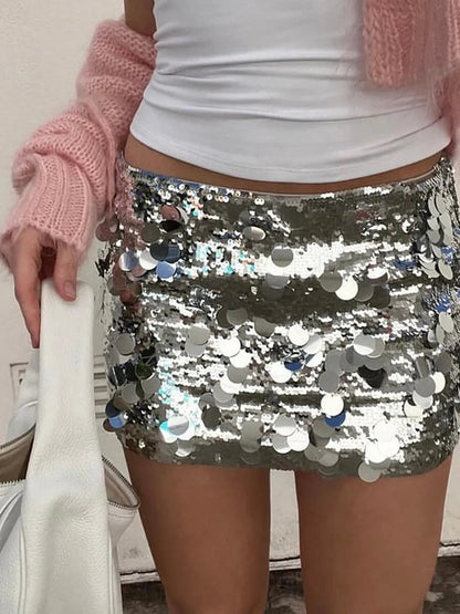 Frauen Glänzende Pailletten Mini Rock Sommer Sexy Low Taille Elastische Bodycon Rock für Strände Club Streetwear Glitters Kurzen Rock