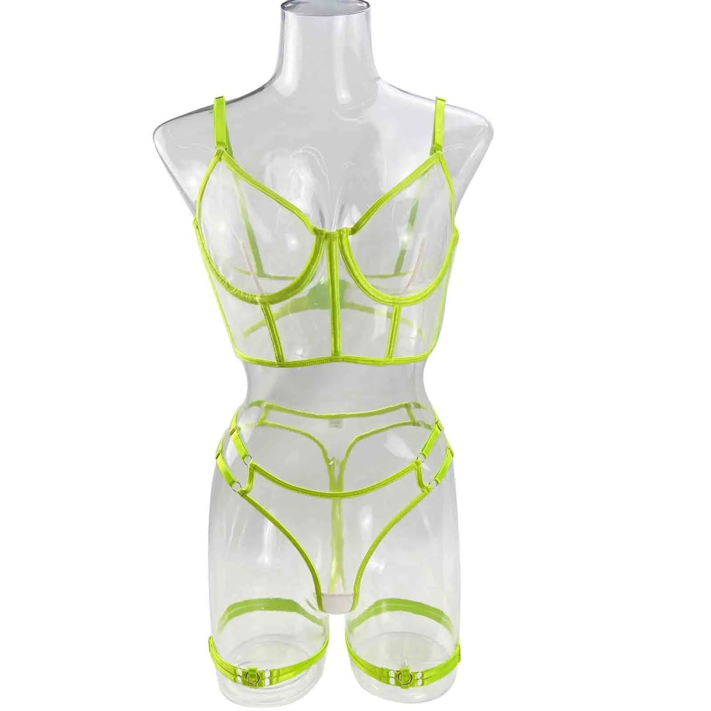 Neon Sexy Underwear Women Body Female Lingerie Sexy Costume Transparent Bra  Outfit 4-Piece Lace Intimate