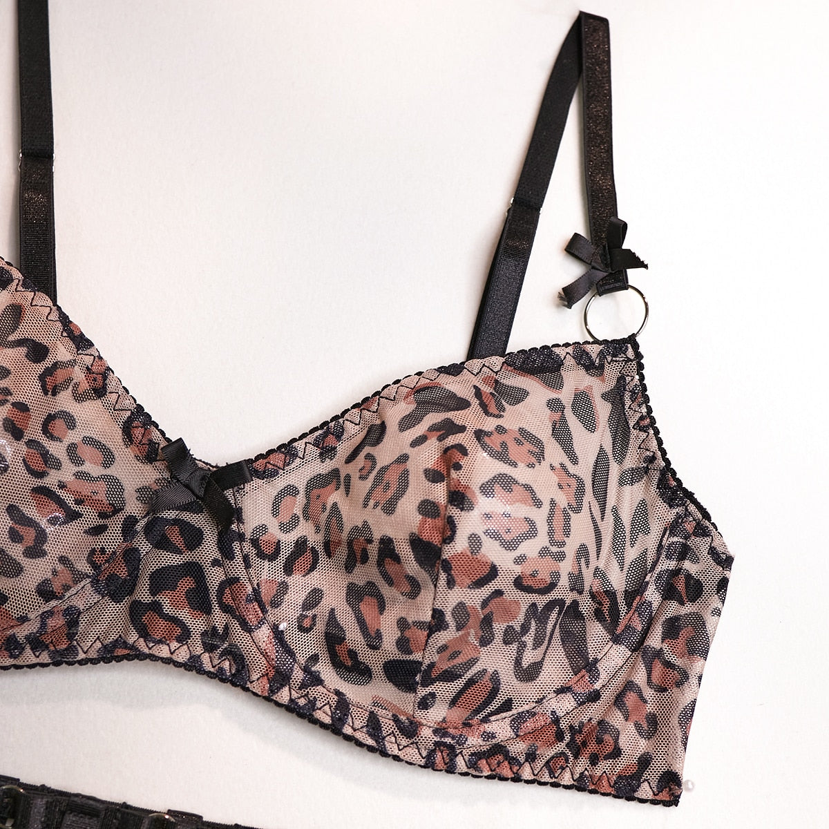 Leoparden-Dessous, sexy, ausgefallene Unterwäsche, transparente BH-Anzüge, 5-teilige sinnliche, intime, luxuriöse Spitzen-Slip-Sets