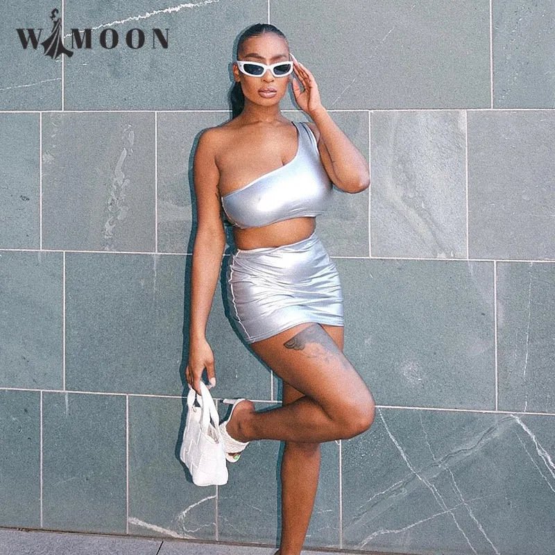 Bright Silver Sexy 2 Pieces Set Women 2023 New Solid Color One Shoulder Sleeveless Crop Top and Short Skirt Suit for Summer