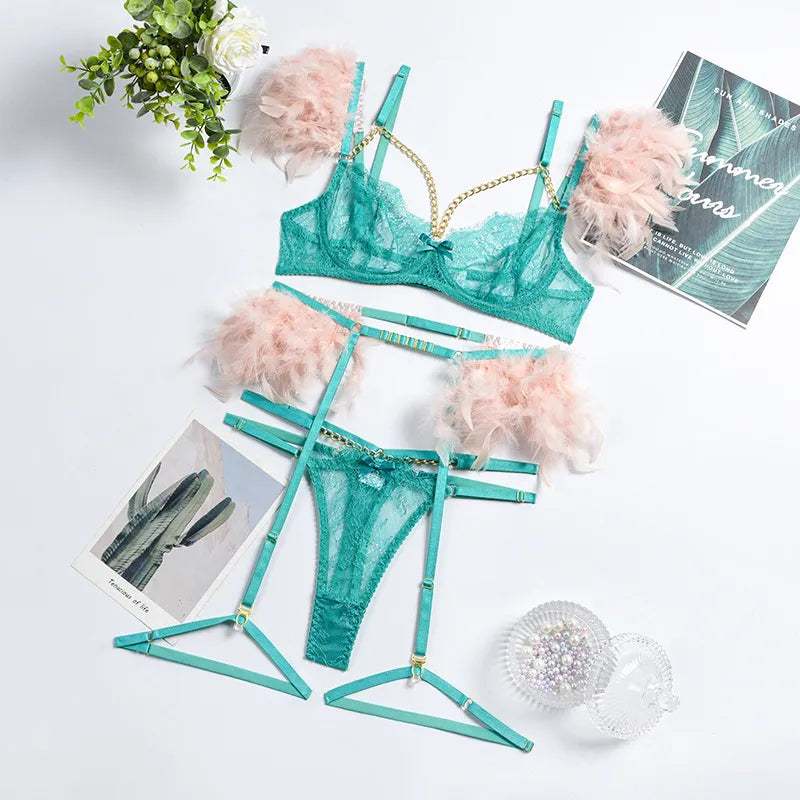 Conjuntos de lencería de plumas para mujer, conjunto de ropa interior de encaje con Tanga de lujo, conjunto de sujetador y bragas Sexy con liga de cadena Intim