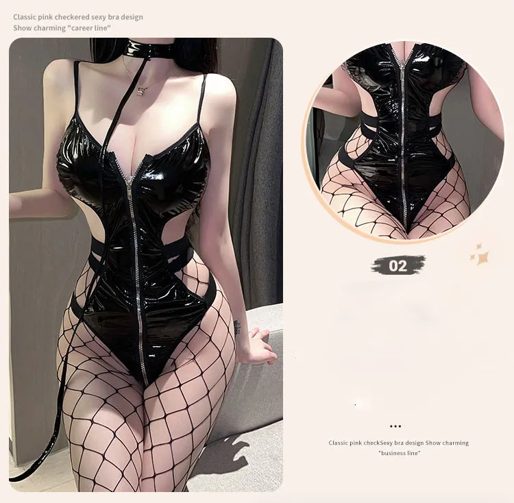 Skinny Leather One-piece Bodysuit Passion Motorcycle Uniform Temptation Sexy Lingerie Women Zipper  Body  Costumes