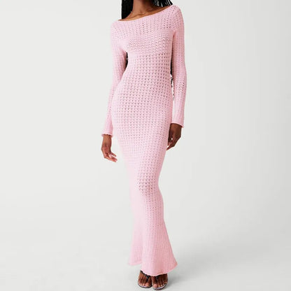 Pink Crochet Knitted Backless Sexy Dress Women Elegant Long Sleeve Bodycon Dresses Autumn Female Hollow Out Beach Long Vestido