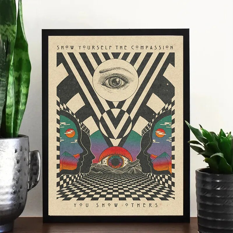 Retro Bohemian Psychedelic 70s Poster Inspirational Quotes Meditation Wall Art Canvas Painting Pictures Hippie Home Room Decor