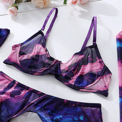 Lencería Tie Dye para mujer, ropa interior de encaje con medias y guantes, novedad en ropa de dormir para mujer, trajes de sujetador transparente