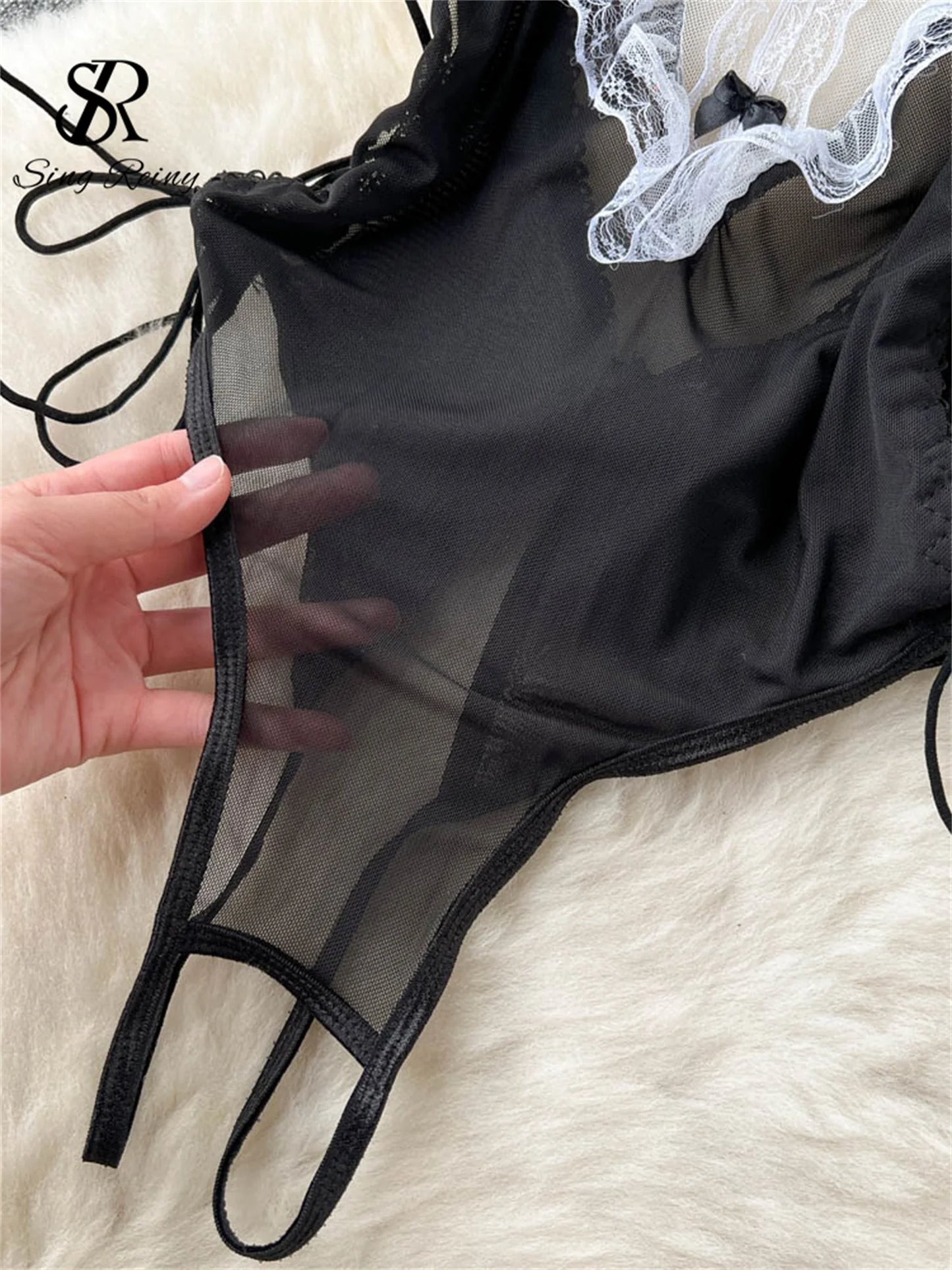 Cosplay de sirvienta de conejo, monos sexys para mujer, ropa de dormir ajustada de encaje con empalme de malla transparente, mono Sexy con entrepierna abierta 2023 Wanita