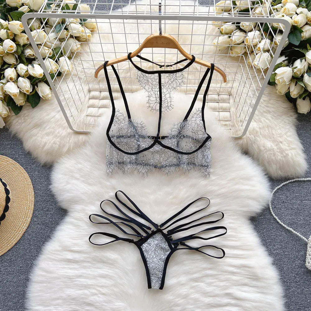 Wanita  Sheer Lace Lingerie Two Pieces Sets Halter Strap Mini Bra+Thongs Hollow Out  Outfit Underwear Sexy Suits